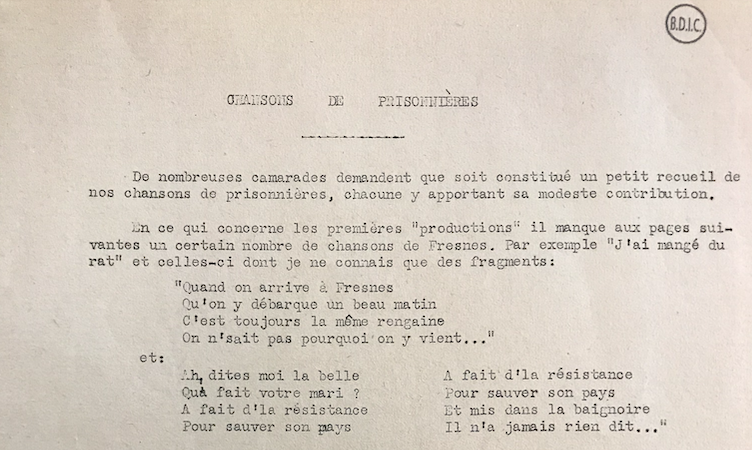 Extrait du tapuscrit comprenant les chansons recueillies par Yvonne Oddon.