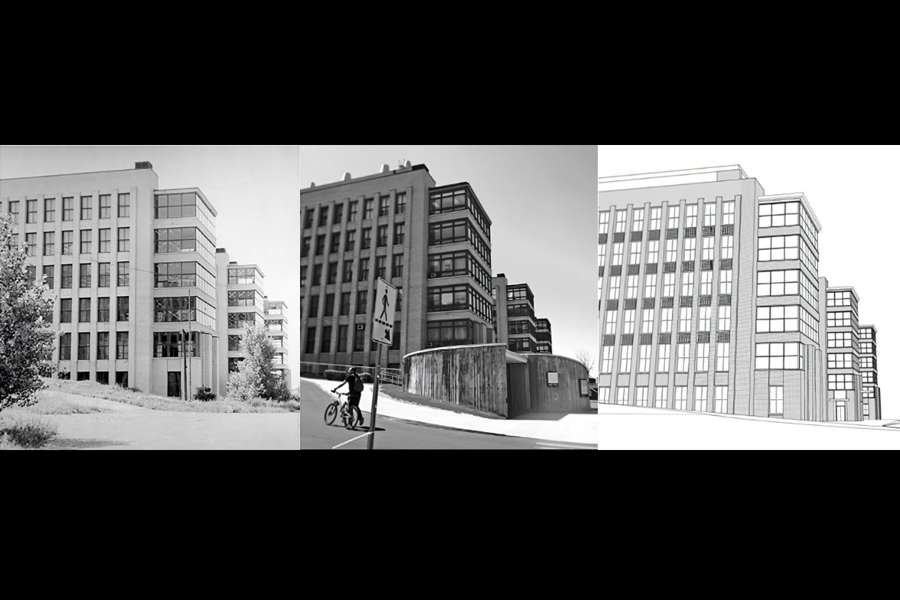 De gauche à droite, on peut observer les verrières au moment de la construction, avant la démolition de cet automne et une illustration en perspective de ce dont elles auront l’air une fois les travaux achevés.