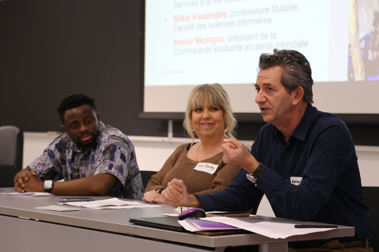 Atelier sur l’acquisition de compétences interculturelles. Sur la photo : Amour Nkangou, président de la Communauté étudiante en santé mondiale ; Dania Ramirez, psychologue en soutien à l’apprentissage, Centre étudiant de soutien à la réussit
