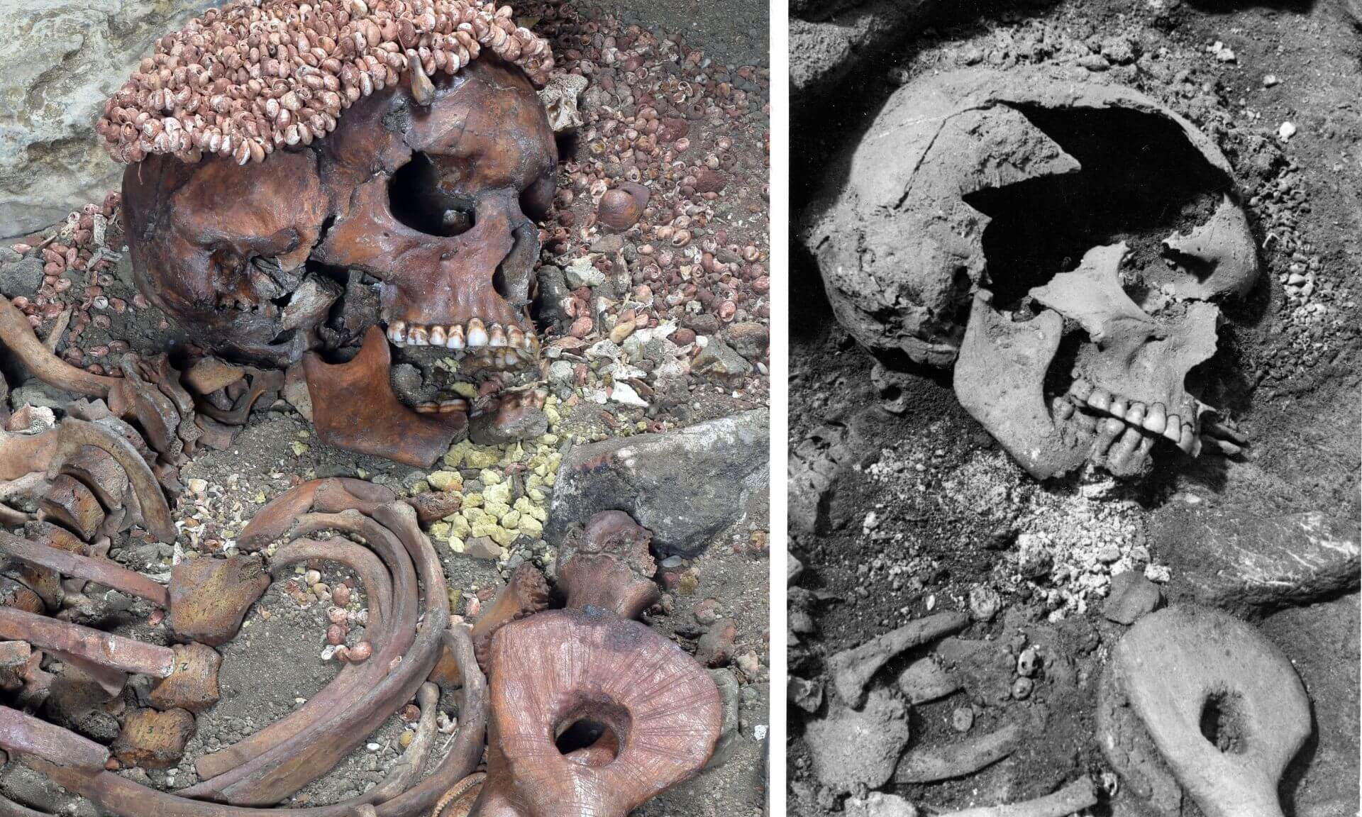 À gauche, la zone touchée par le traumatisme thoraco-facial, avec la calotte reconstruite à partir de coquillages et la masse d'ocre jaune sous la mandibule, telle qu'elle se présente aujourd'hui. À droite, photo de la fouille de la même zone (Archives de la Soprintendenza SABAP delle province di Imperia e Savona).