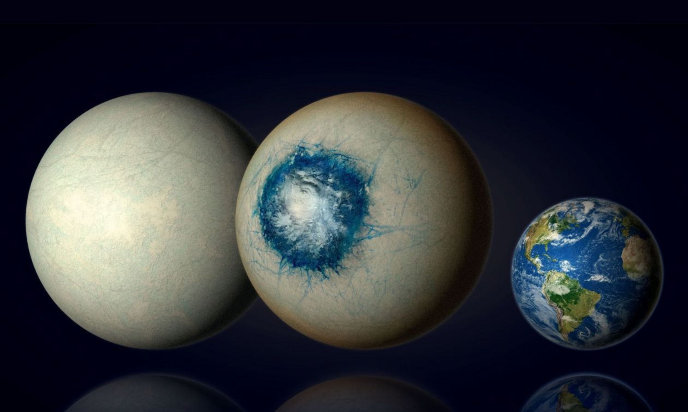 L'exoplanète tempérée LHS 1140 b pourrait être un monde entièrement recouvert de glace (à gauche), comme Europe, la lune de Jupiter, ou un monde de glace avec un océan substellaire liquide et une atmosphère nuageuse (au centre). LHS 1140 b fait 1,7 fois la taille de notre planète Terre (à droite) et constitue l'exoplanète dans une zone habitable la plus prometteuse dans notre recherche d'eau liquide au-delà du Système solaire.