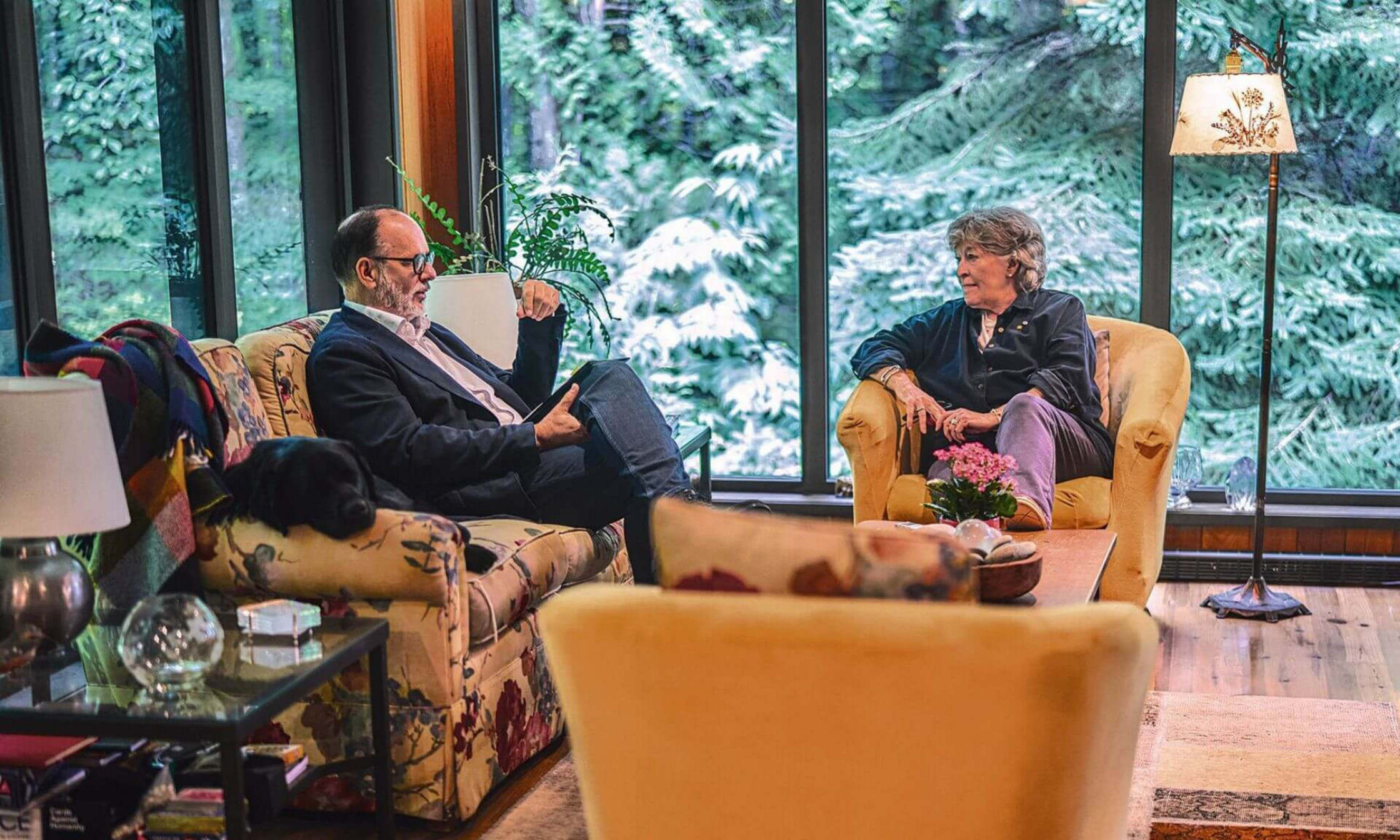 Daniel Jutras at Louise Arbour’s home (and her dog Loma’s!) in the heart of the Laurentian forest