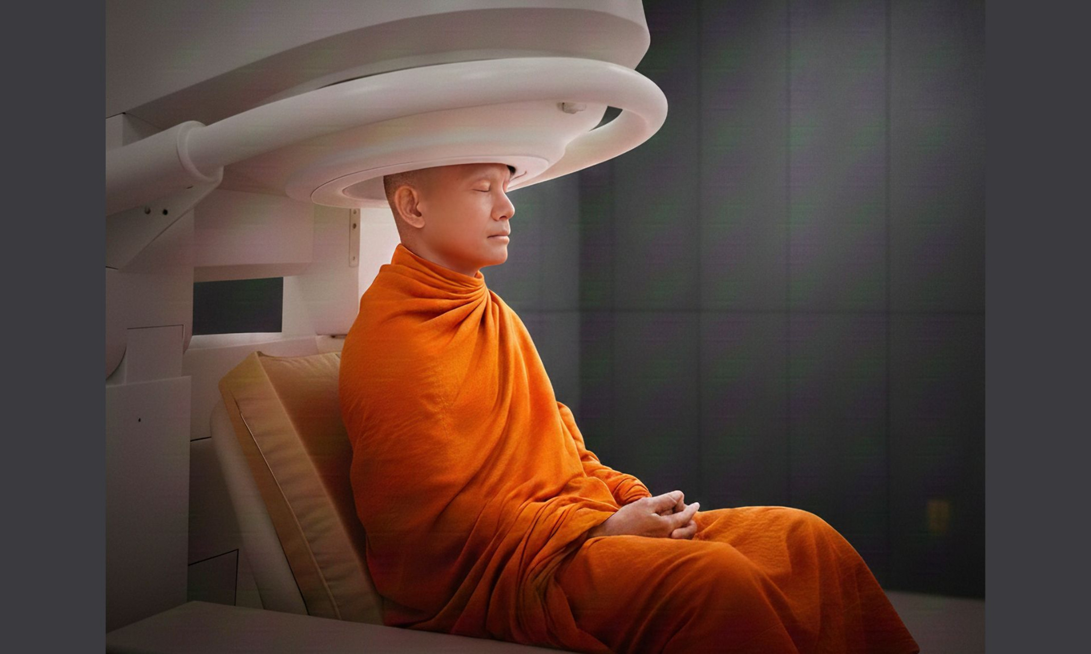 A Buddhist monk from the Thai forest tradition in a magnetoencephalography (MEG) facility. This image was created using a generative artificial intelligence program for illustrative purposes.