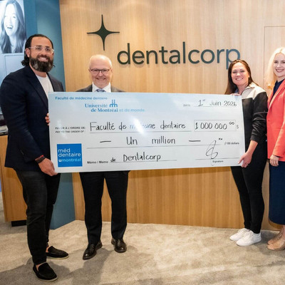 Representatives from Dentalcorp and the Université de Montréal mark the announcement of the Dentalcorp Fund, a $1 million commitment to the Faculty of Dental Medicine. From left to right: Nate Tchaplia, President, Dentalcorp; Dr. Hugo Ciaburro, Dean, Faculty of Dental Medicine, Université de Montréal; Alexandra Murray, Director, Associate Recruitment, Quebec, Dentalcorp; Emilie L. Cayer, Executive Director of Philanthropy, Université de Montréal; Joe Farra, Vice President, Associate Recruitment, Dentalcorp; Alain Maranda, Director, Partnership Development, Quebec, Dentalcorp; Joe Spagnuolo, Senior Vice President, Quebec, Dentalcorp.