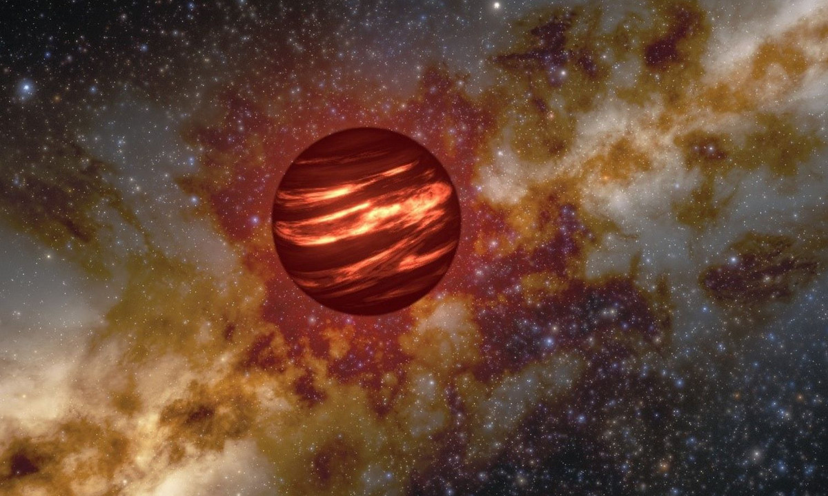 Ce concept d'artiste représente une naine brune, un objet plus grand qu'une planète, mais pas assez massif pour déclencher la fusion de son noyau comme une étoile. Les naines brunes sont chaudes lors de leur formation et peuvent briller comme celle-ci, mais avec le temps, leur température se rapproche de celle des planètes géantes gazeuses comme Jupiter.