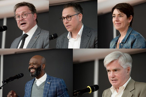 En haut: Patrick Cossette, le doyen de la Faculté de médecine; Michael Pecho, le vice-recteur aux relations avec les diplômés et à la philanthropie; Ekat Kritikou, la vice-doyenne à la recherche et au développement. En bas: Frantz Saintellemy, le chancelier; Jacques Courtois.
