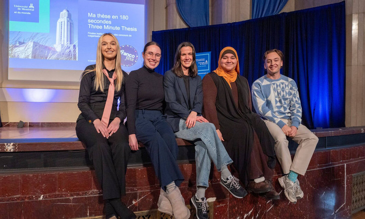 Les lauréates et le lauréat du concours de vulgarisation scientifique «Ma thèse en 180 secondes» et «Three Minute Thesis»: Karlee Lefebvre, Florence Piché, Gabrielle Cadotte, Lyna Hanafi et William Jubinville.