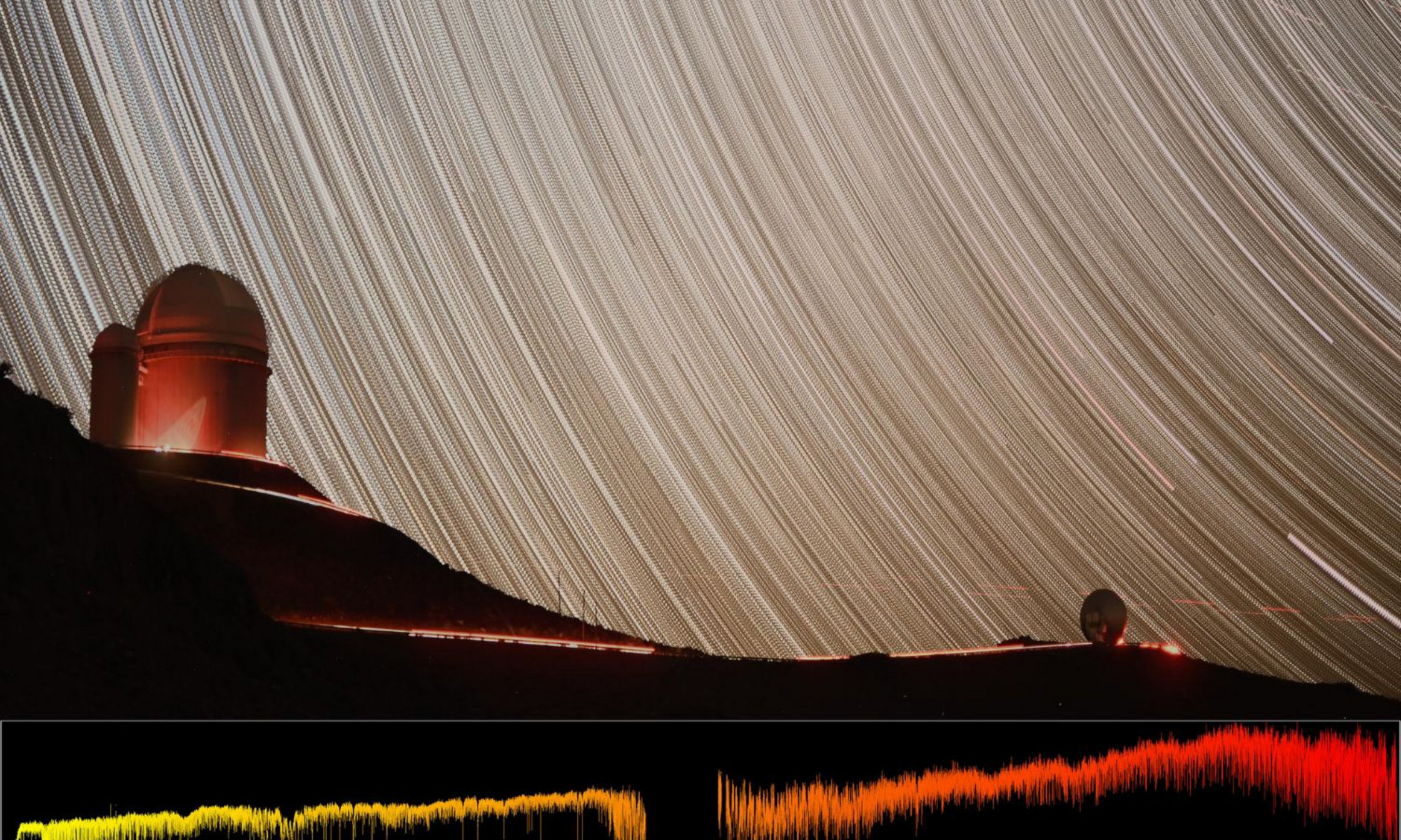 Ci-dessus: L'instrument NIRPS est installé sur le télescope de 3,6 mètres de l'observatoire de La Silla, au Chili. Ci-dessous: Spectre pris par NIRPS lors des tests préliminaires de l'étoile Proxima du Centaure, notre plus proche voisine, en juin 2023.