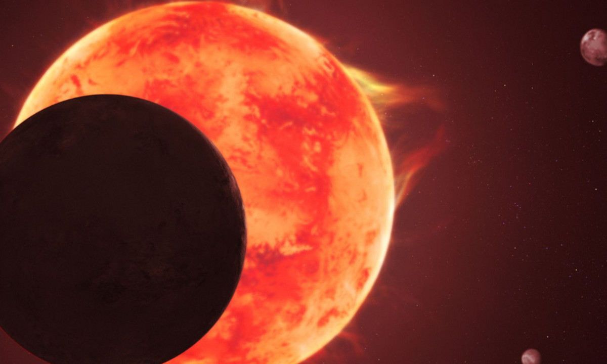 Représentation artistique de TRAPPIST-1 d passant devant son étoile turbulente, avec d'autres membres du système planétaire en arrière-plan.